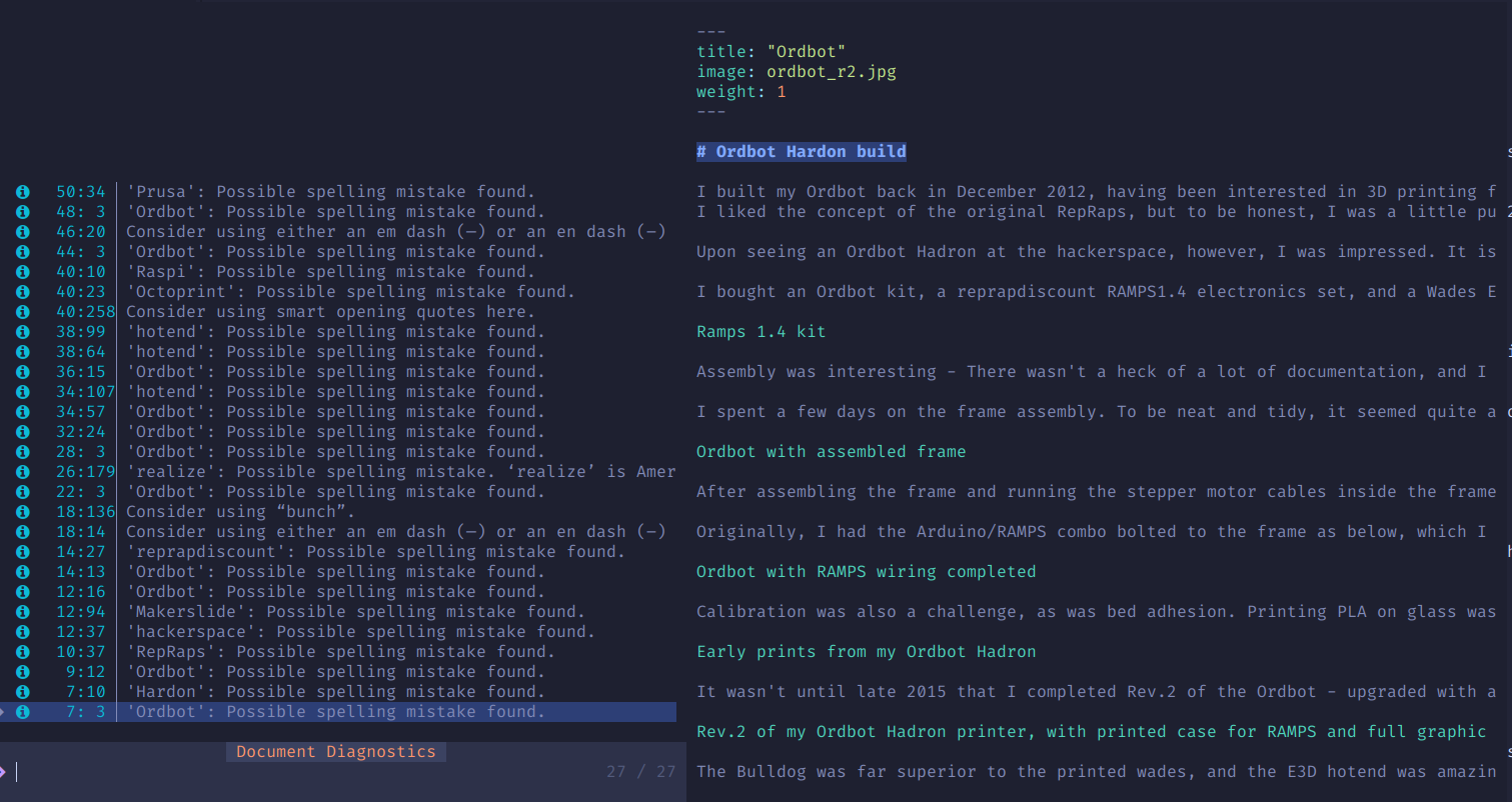 Telescope diagnostics showing a number of grammar and spelling errors